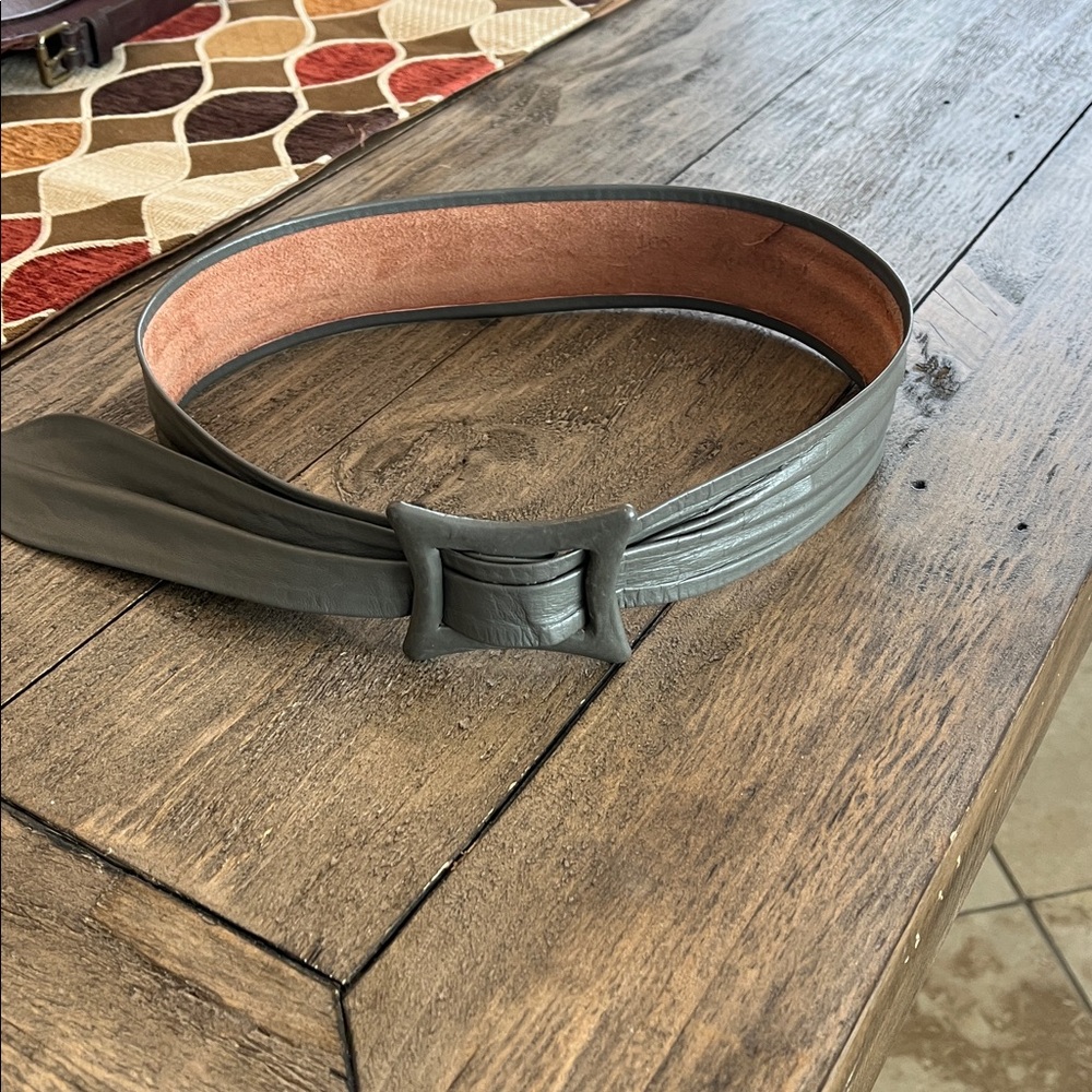 Vintage Gray Leather Belt with Square Buckle